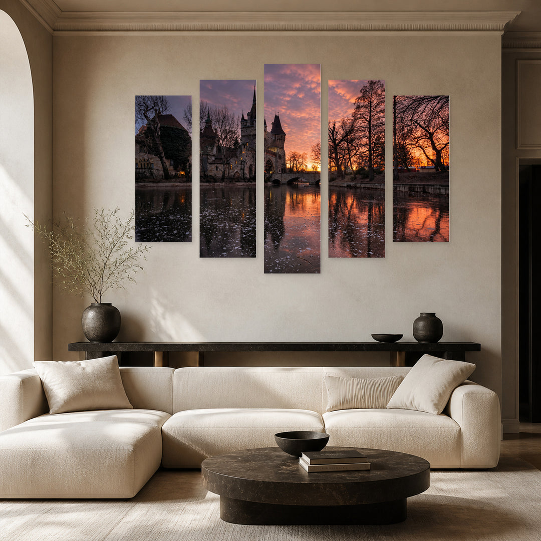 Budapest City Park Sunset Glow — five-panel wall art in frontal interior | 5wallart 53205 M3