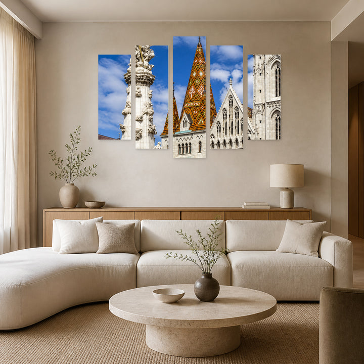 St. Matthias Church in Blue and Gold — five-panel wall art in alternate frontal interior | 5wallart 53210 M4