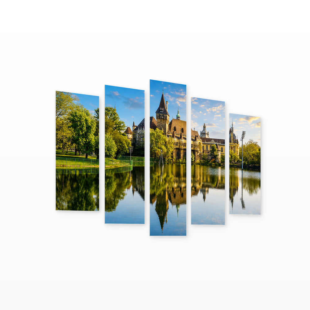Vajdahunyad Castle in Blue and Gold — five-panel wall art on white background in perspective | 5wallart 53211 M1