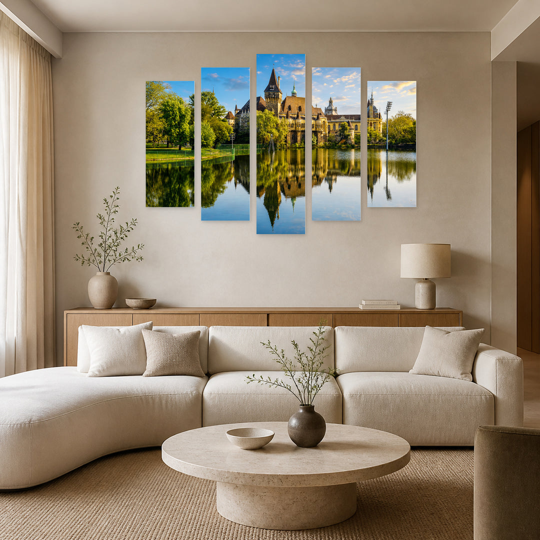 Vajdahunyad Castle in Blue and Gold — five-panel wall art in frontal interior | 5wallart 53211 M3
