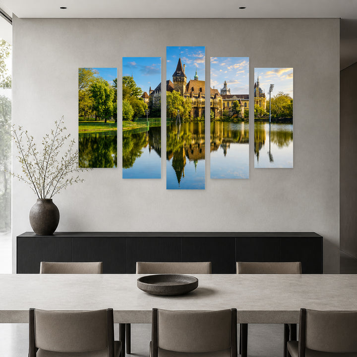Vajdahunyad Castle in Blue and Gold — five-panel wall art in alternate frontal interior | 5wallart 53211 M4