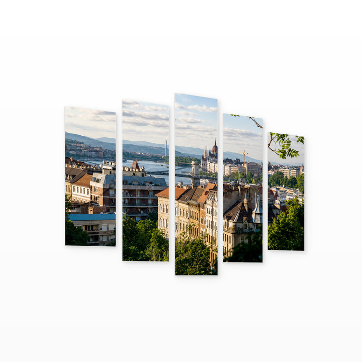 City View from Gellért Hill in Serene Light — five-panel wall art on white background in perspective | 5wallart 53213 M1