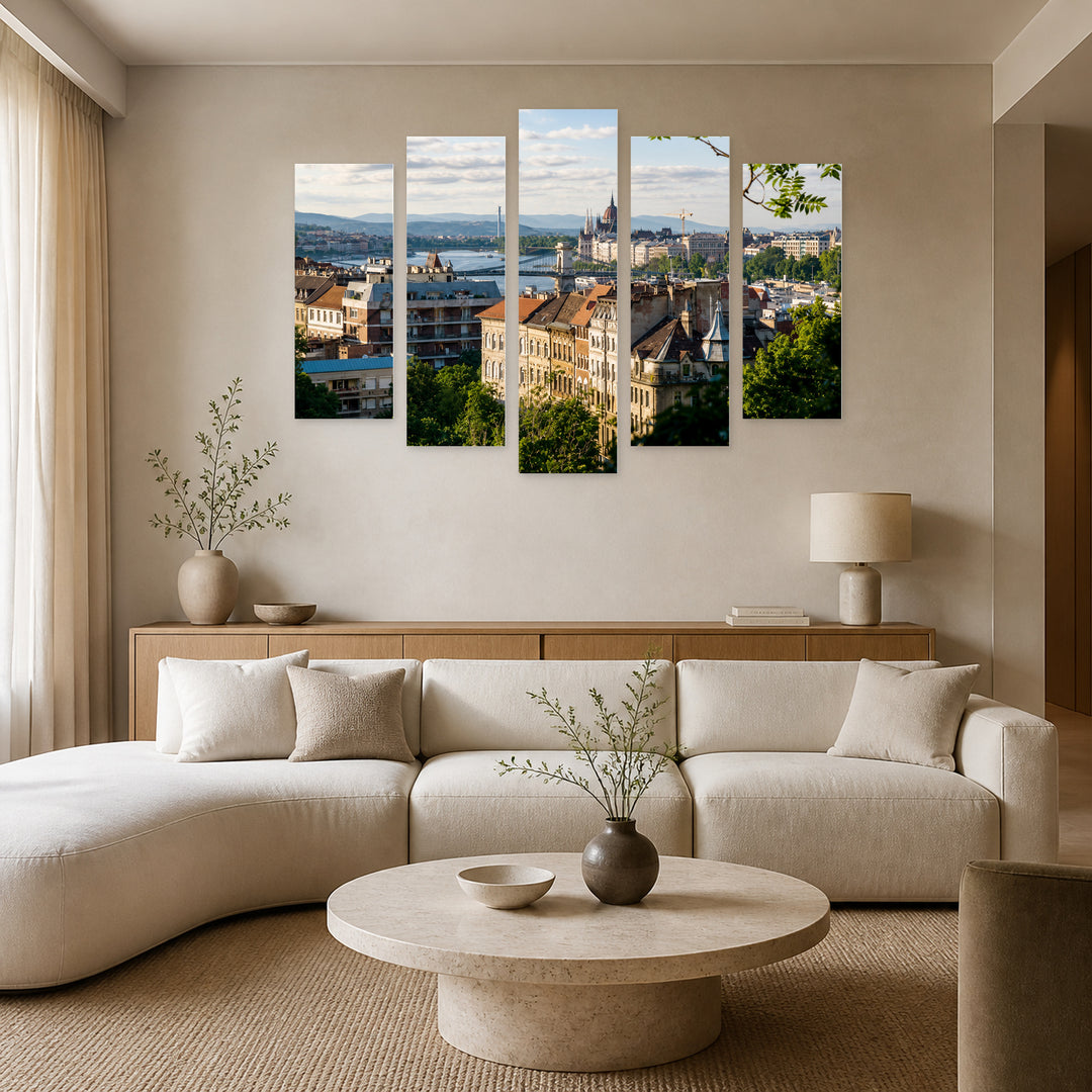 City View from Gellért Hill in Serene Light — five-panel wall art in frontal interior | 5wallart 53213 M3