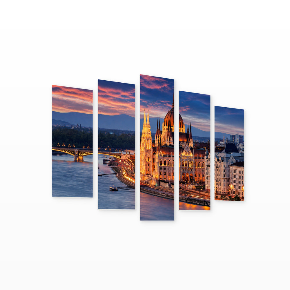 Budapest in the Evening at Night — five-panel wall art on white background in perspective | 5wallart 53216 M1