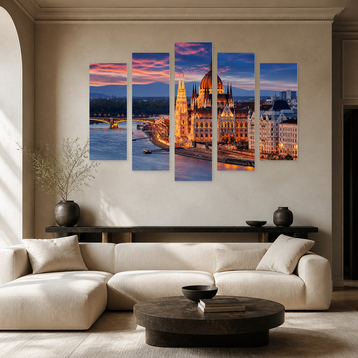 Budapest in the Evening at Night — five-panel wall art in alternate frontal interior | 5wallart 53216 M4