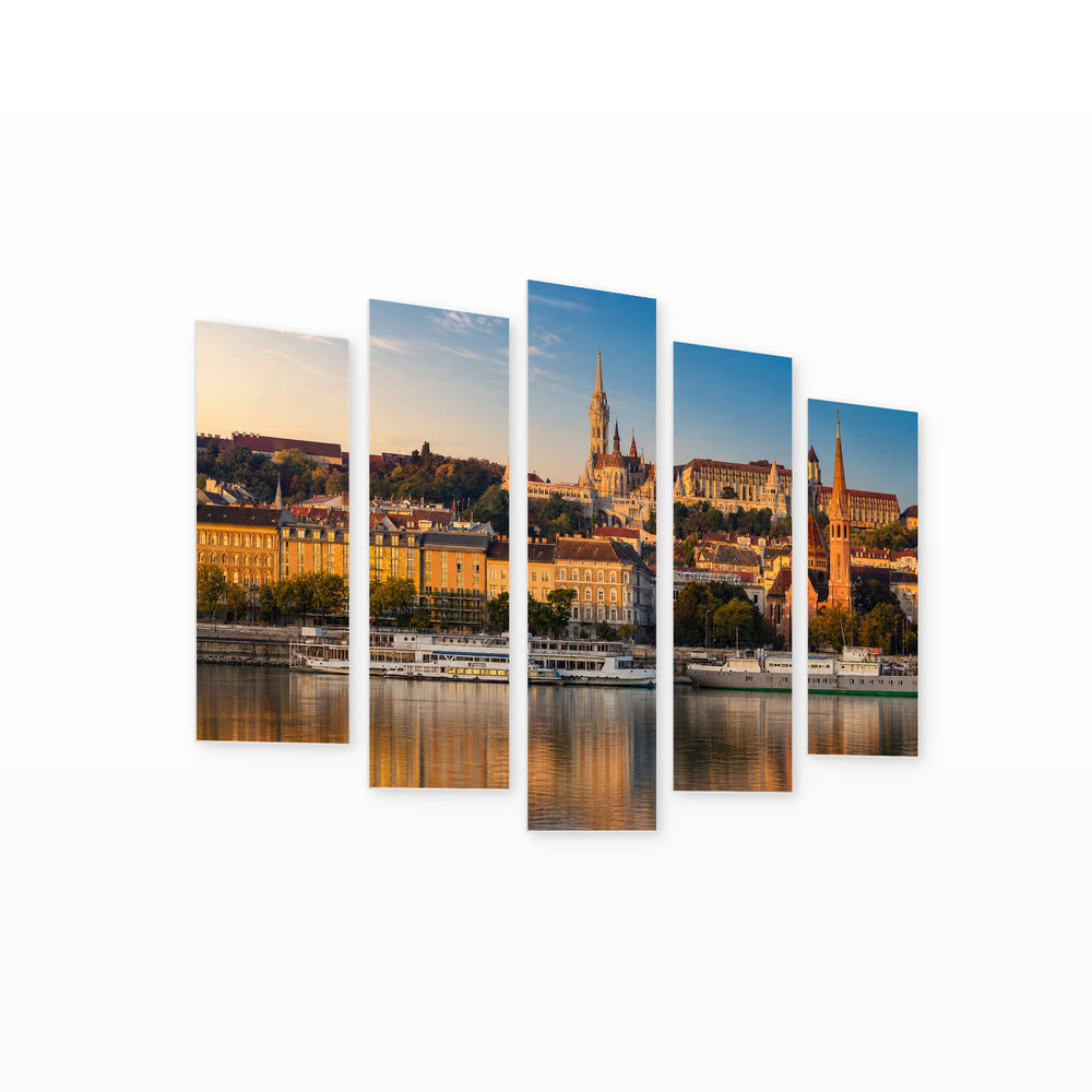Golden Hour in Budapest at Golden Sunset — five-panel wall art on white background in perspective | 5wallart 53217 M1
