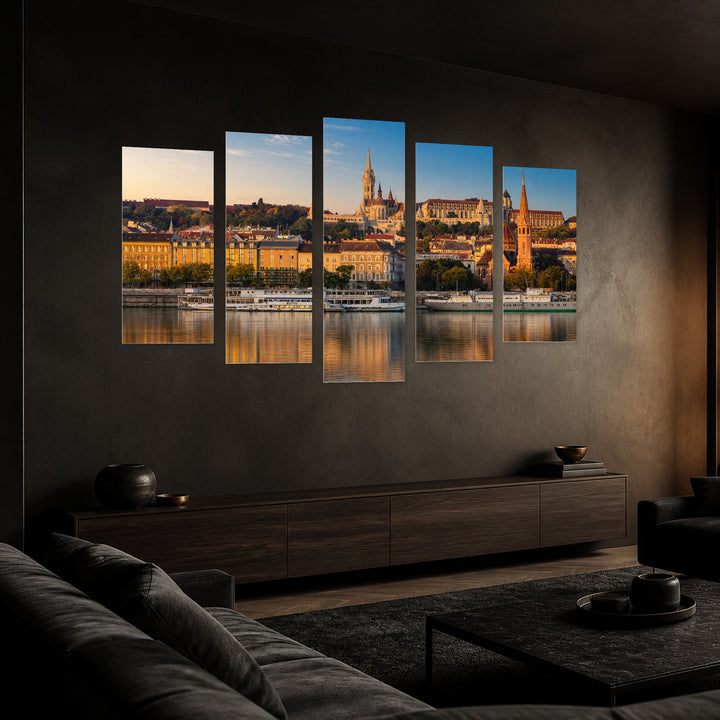 Golden Hour in Budapest at Golden Sunset — five-panel wall art in perspective interior | 5wallart 53217 M2