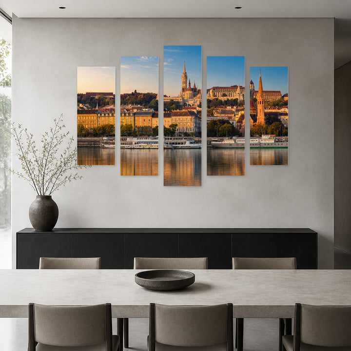 Golden Hour in Budapest at Golden Sunset — five-panel wall art in alternate frontal interior | 5wallart 53217 M4