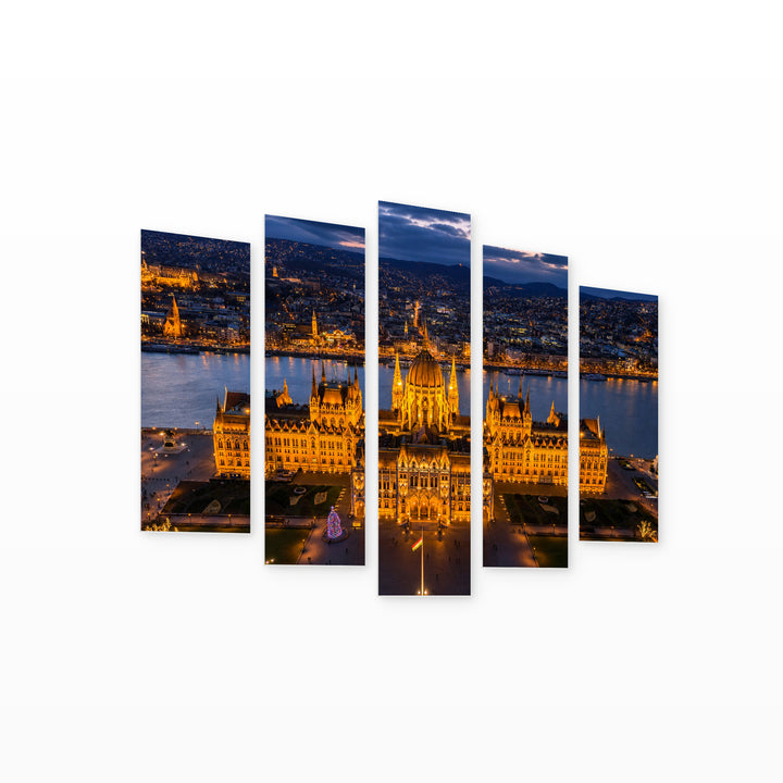 Top View of the Hungarian Parliament Urban Panorama — five-panel wall art on white background in perspective | 5wallart 53220 M1