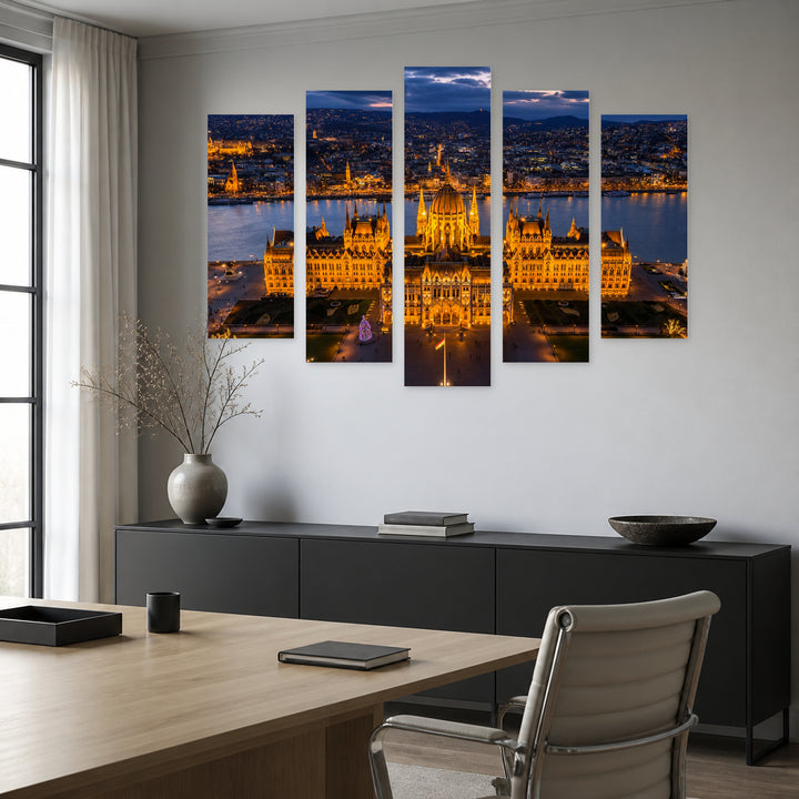 Top View of the Hungarian Parliament Urban Panorama — five-panel wall art in frontal interior | 5wallart 53220 M3