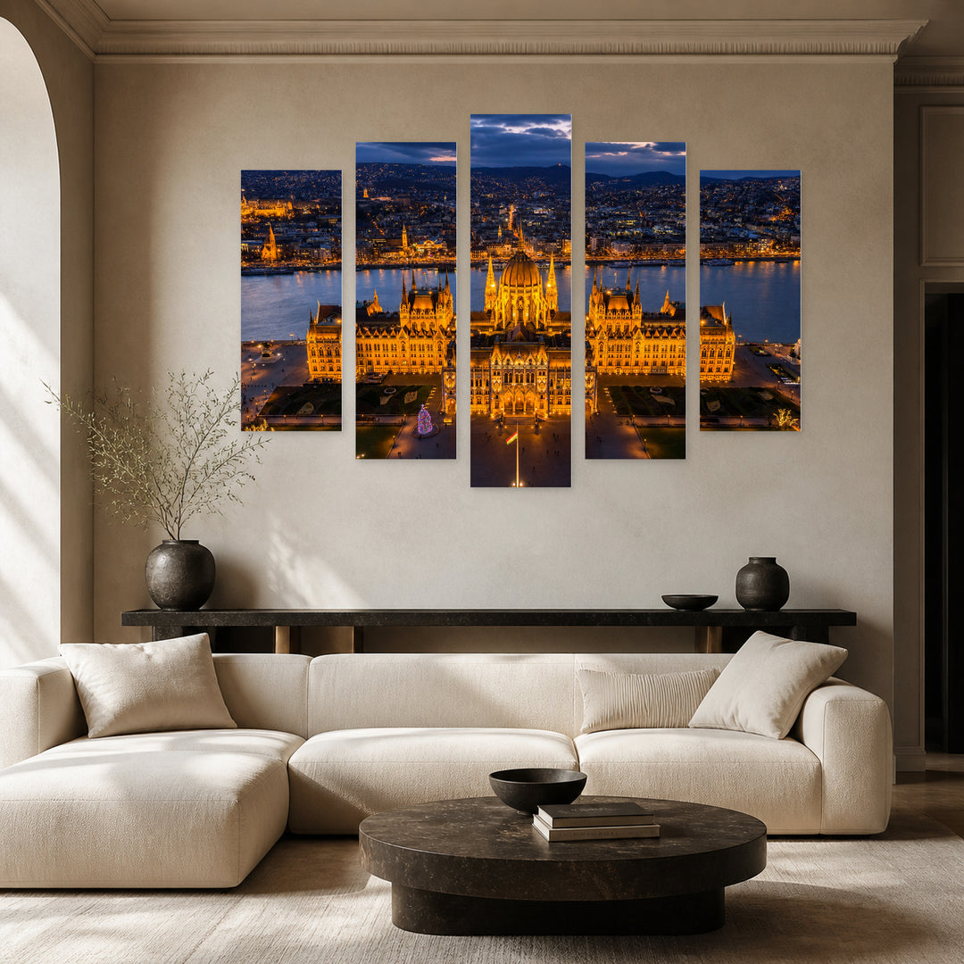 Top View of the Hungarian Parliament Urban Panorama — five-panel wall art in alternate frontal interior | 5wallart 53220 M4