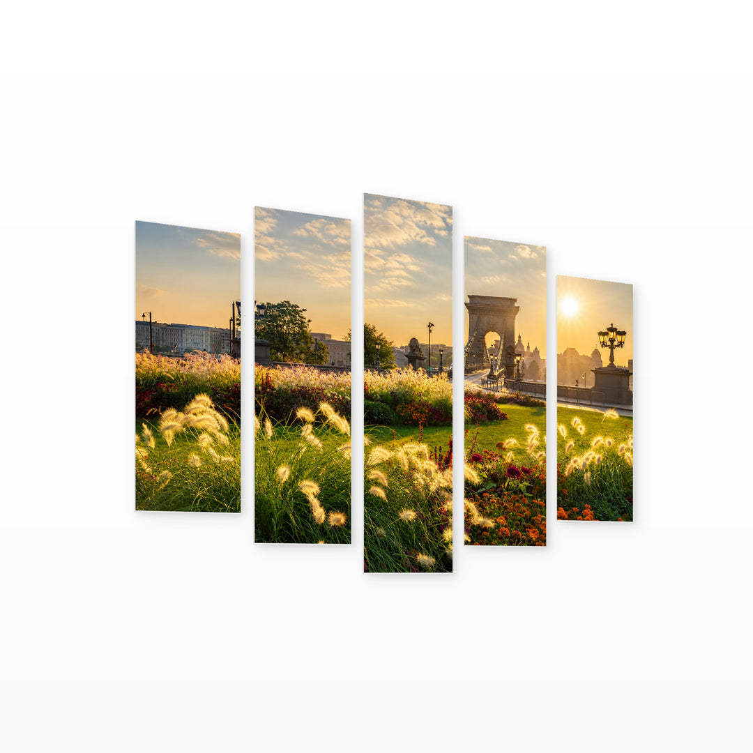Sunrise at Clark Ádám Square in Serene Light — five-panel wall art on white background in perspective | 5wallart 53223 M1