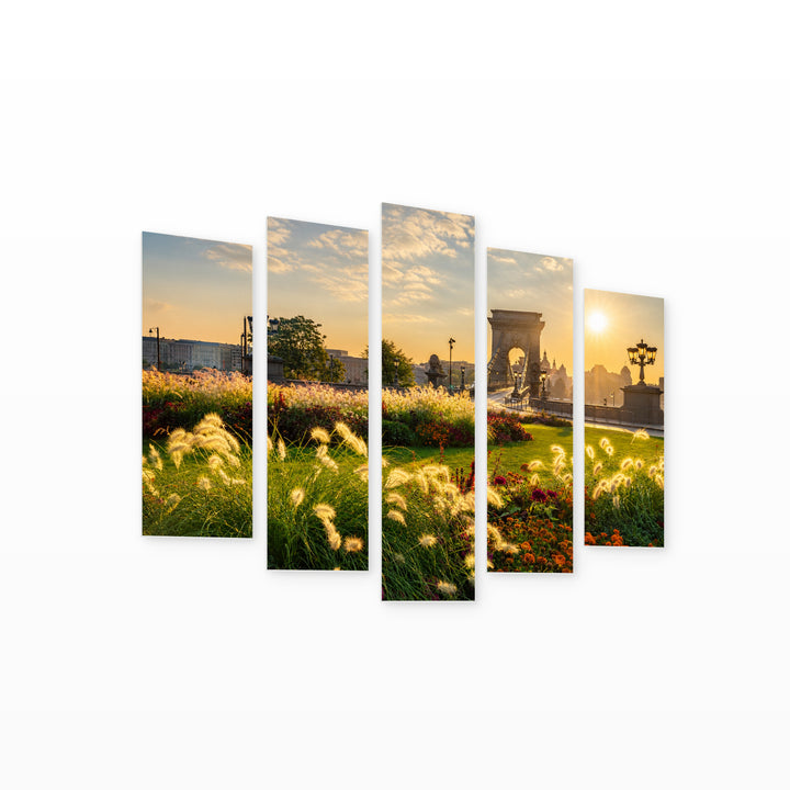Sunrise at Clark Ádám Square in Serene Light — five-panel wall art on white background in perspective | 5wallart 53223 M1