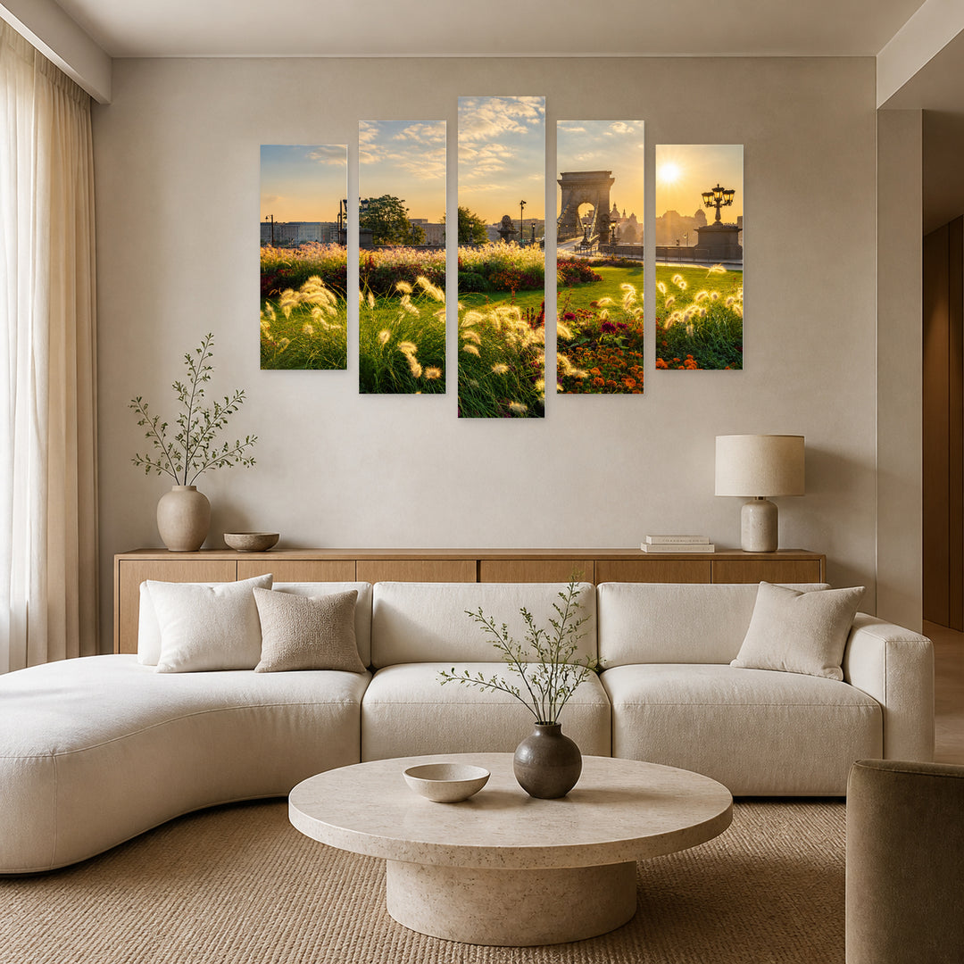 Sunrise at Clark Ádám Square in Serene Light — five-panel wall art in frontal interior | 5wallart 53223 M3