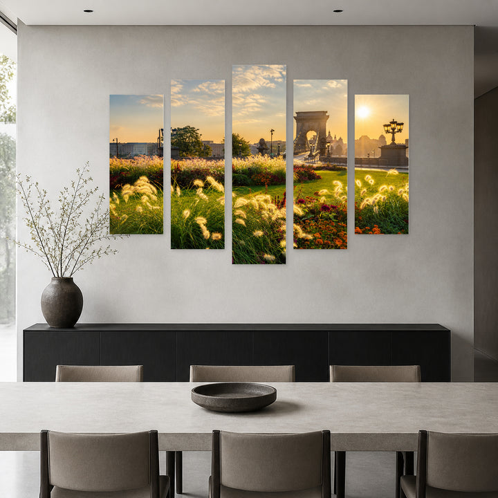 Sunrise at Clark Ádám Square in Serene Light — five-panel wall art in alternate frontal interior | 5wallart 53223 M4
