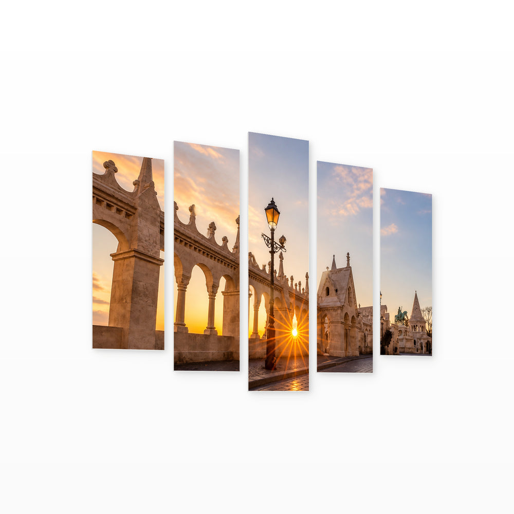 Sunrise at Fisherman's Bastion in Serene Light — five-panel wall art on white background in perspective | 5wallart 53224 M1