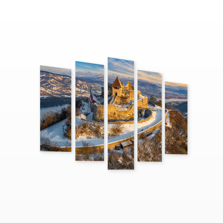 Old Castle in Blue and Gold — five-panel wall art on white background in perspective | 5wallart 53225 M1