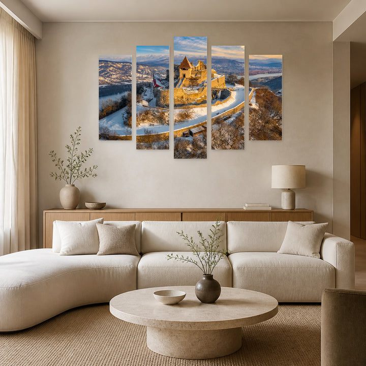 Old Castle in Blue and Gold — five-panel wall art in frontal interior | 5wallart 53225 M3