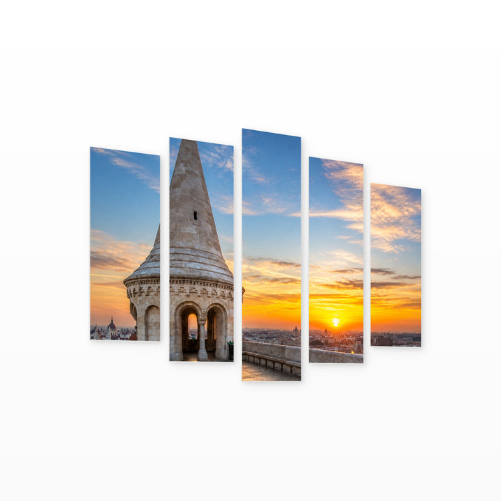 Sunrise over the City in Vivid Color — five-panel wall art on white background in perspective | 5wallart 53226 M1