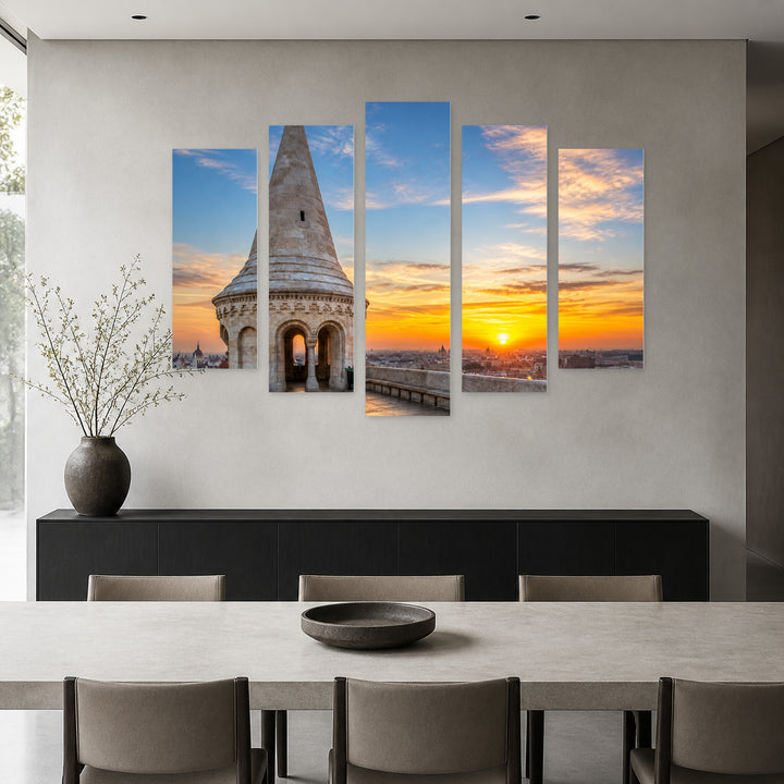 Sunrise over the City in Vivid Color — five-panel wall art in frontal interior | 5wallart 53226 M3