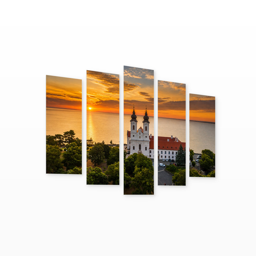 Golden Sunset over Benedictine Monastery — five-panel wall art on white background in perspective | 5wallart 53227 M1