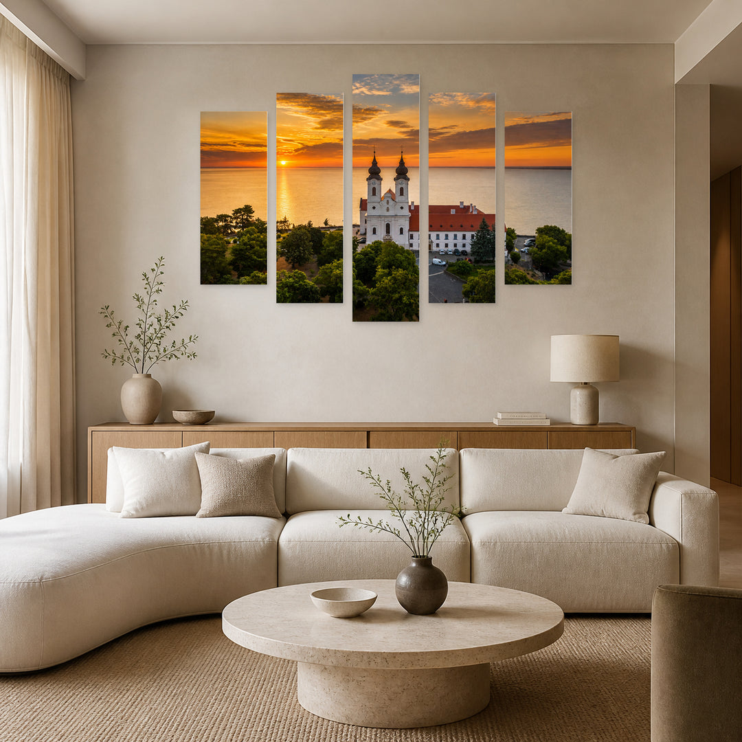 Golden Sunset over Benedictine Monastery — five-panel wall art in frontal interior | 5wallart 53227 M3