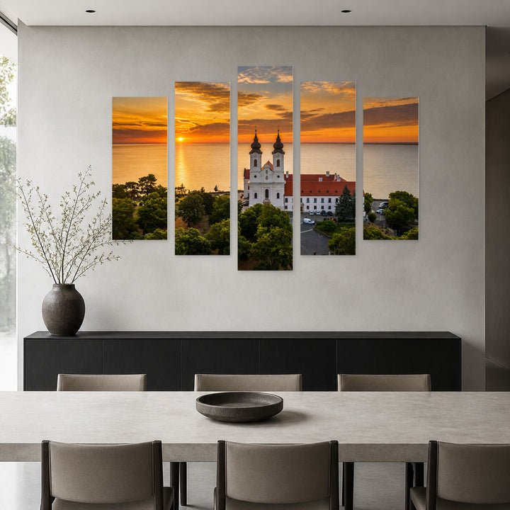 Golden Sunset over Benedictine Monastery — five-panel wall art in alternate frontal interior | 5wallart 53227 M4