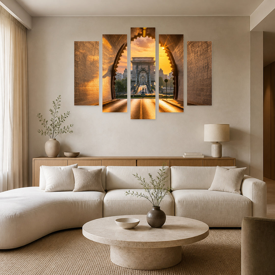 Light in the Tunnel in Serene Light — five-panel wall art in alternate frontal interior | 5wallart 53228 M4