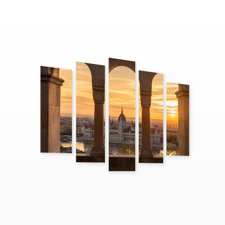 Sunrise Through Old Stone Windows in Serene Light — five-panel wall art on white background in perspective | 5wallart 53230 M1