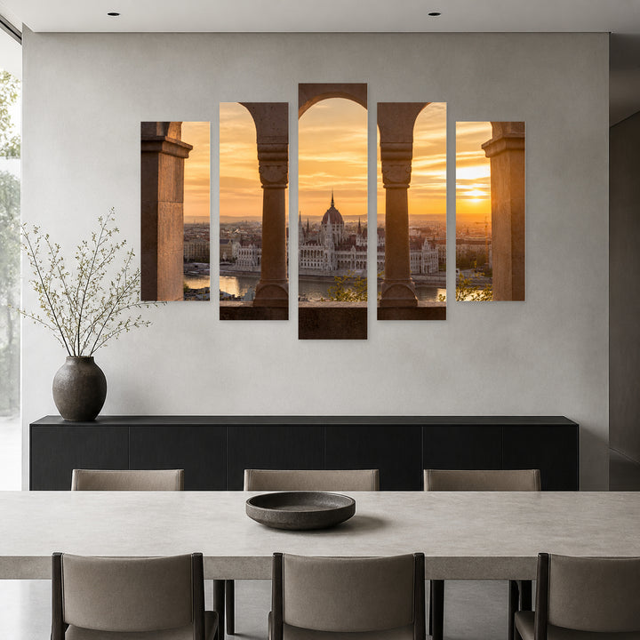 Sunrise Through Old Stone Windows in Serene Light — five-panel wall art in frontal interior | 5wallart 53230 M3