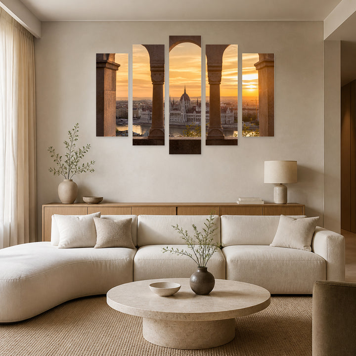 Sunrise Through Old Stone Windows in Serene Light — five-panel wall art in alternate frontal interior | 5wallart 53230 M4