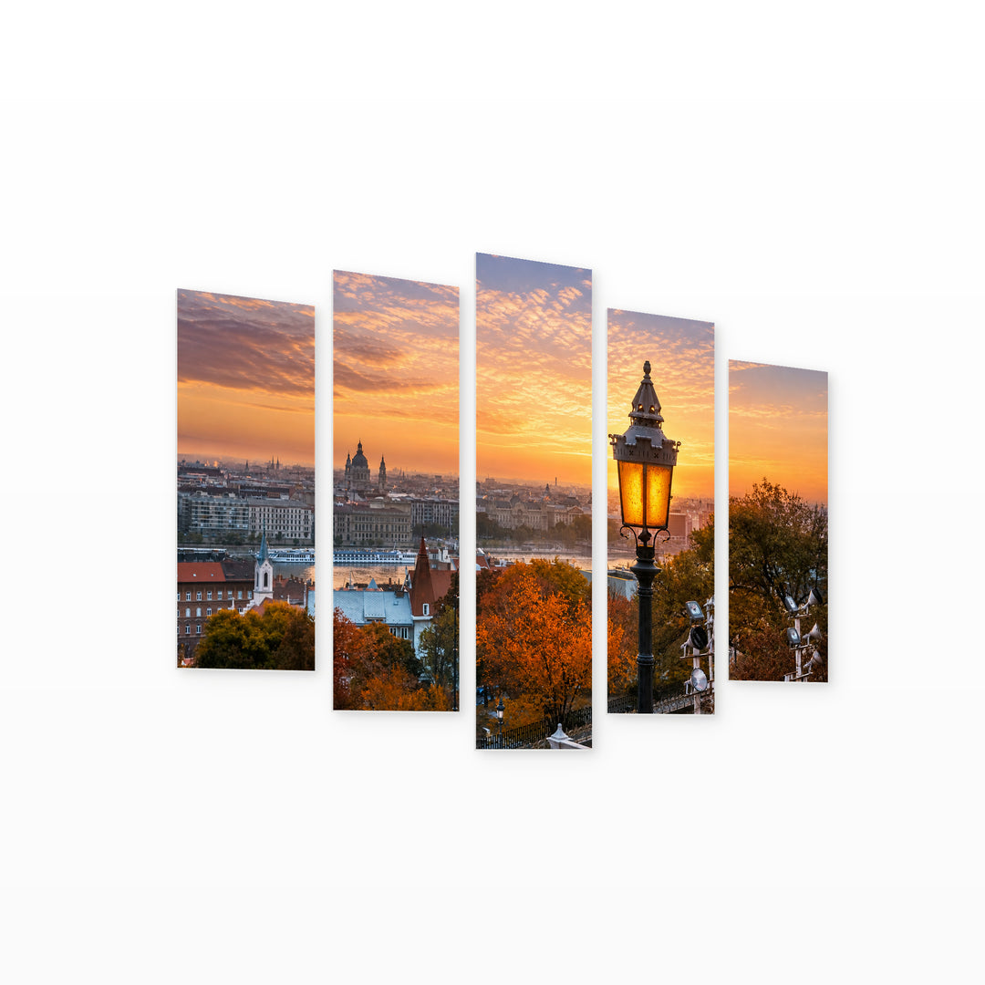 Colorful Autumn Morning in Budapest with Dreamlike Atmosphere — five-panel wall art on white background in perspective | 5wallart 53236 M1