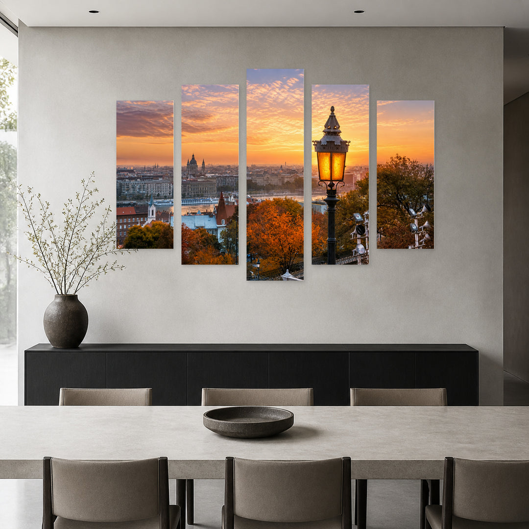Colorful Autumn Morning in Budapest with Dreamlike Atmosphere — five-panel wall art in frontal interior | 5wallart 53236 M3