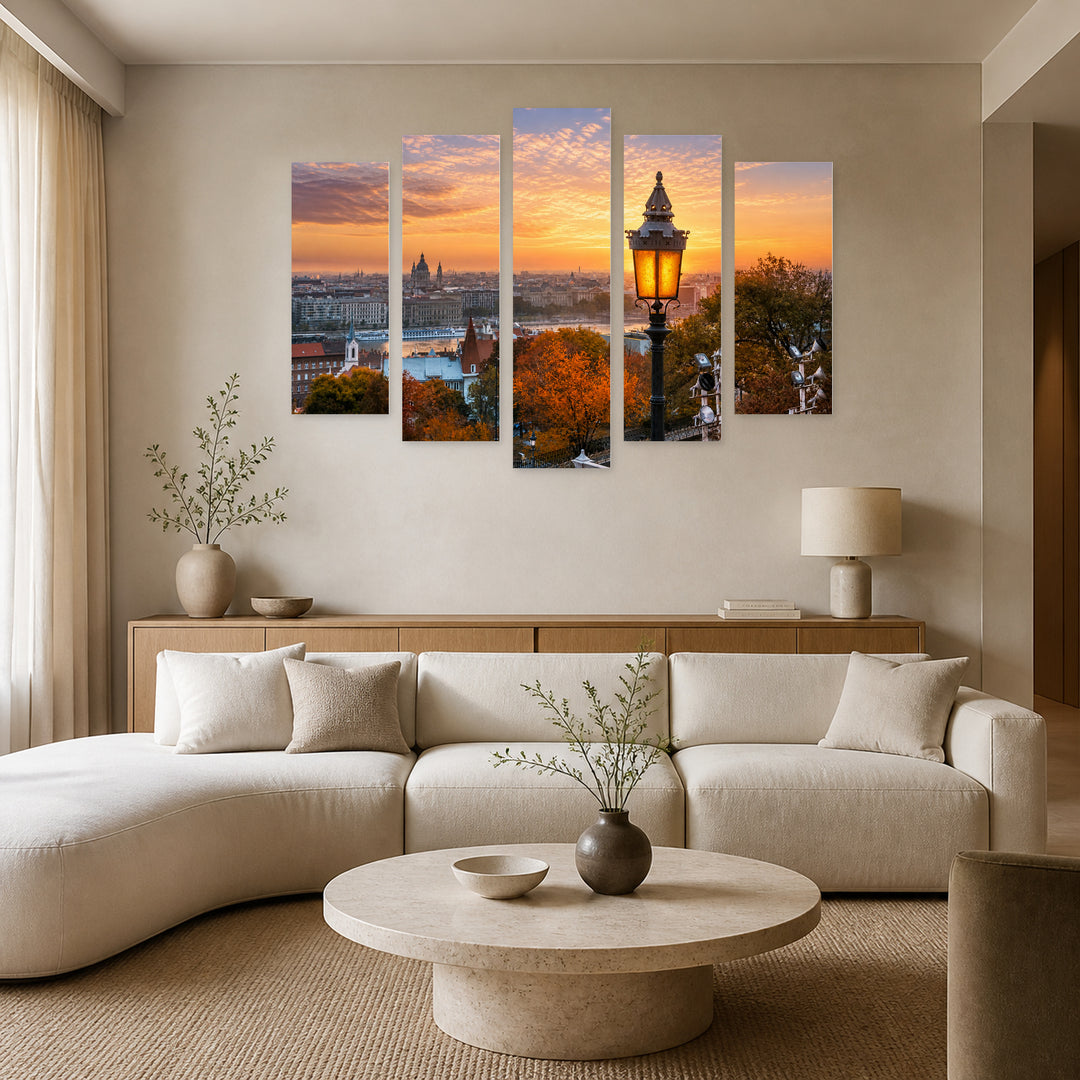 Colorful Autumn Morning in Budapest with Dreamlike Atmosphere — five-panel wall art in alternate frontal interior | 5wallart 53236 M4