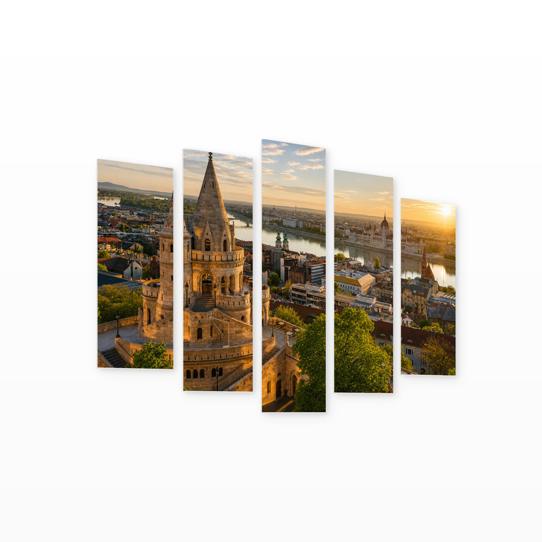Golden Summer Sunrise in Serene Light — five-panel wall art on white background in perspective | 5wallart 53239 M1