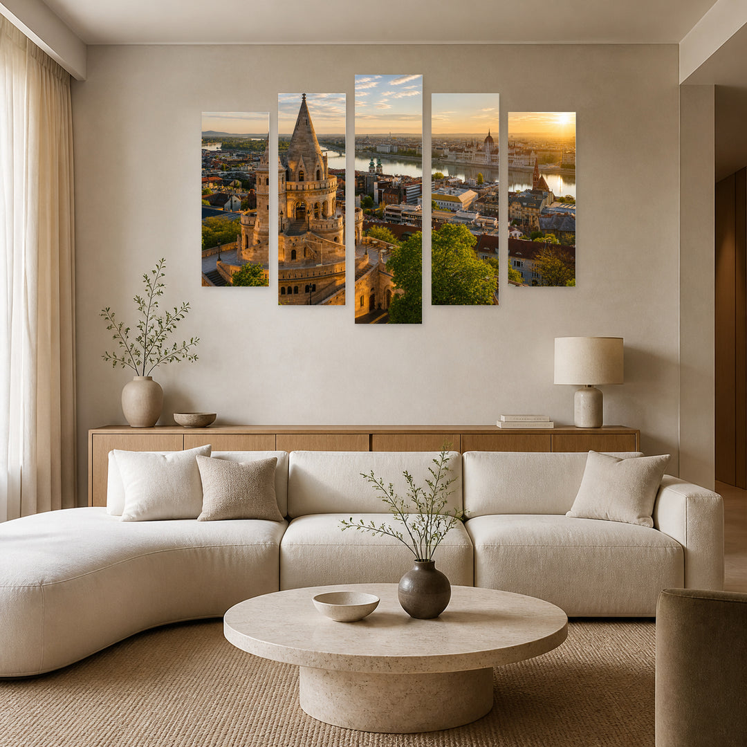 Golden Summer Sunrise in Serene Light — five-panel wall art in frontal interior | 5wallart 53239 M3
