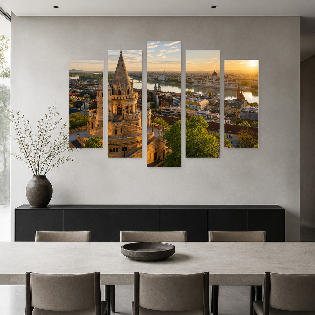 Golden Summer Sunrise in Serene Light — five-panel wall art in alternate frontal interior | 5wallart 53239 M4