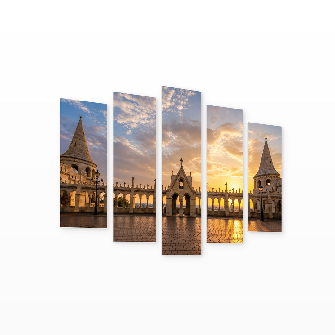 Golden Sunrise in Serene Light — five-panel wall art on white background in perspective | 5wallart 53243 M1