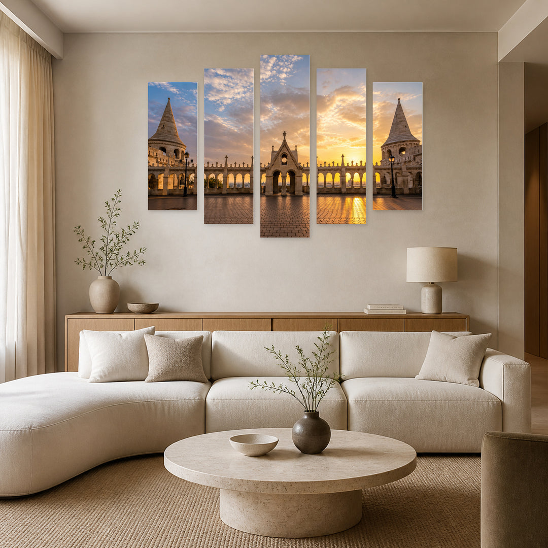 Golden Sunrise in Serene Light — five-panel wall art in frontal interior | 5wallart 53243 M3