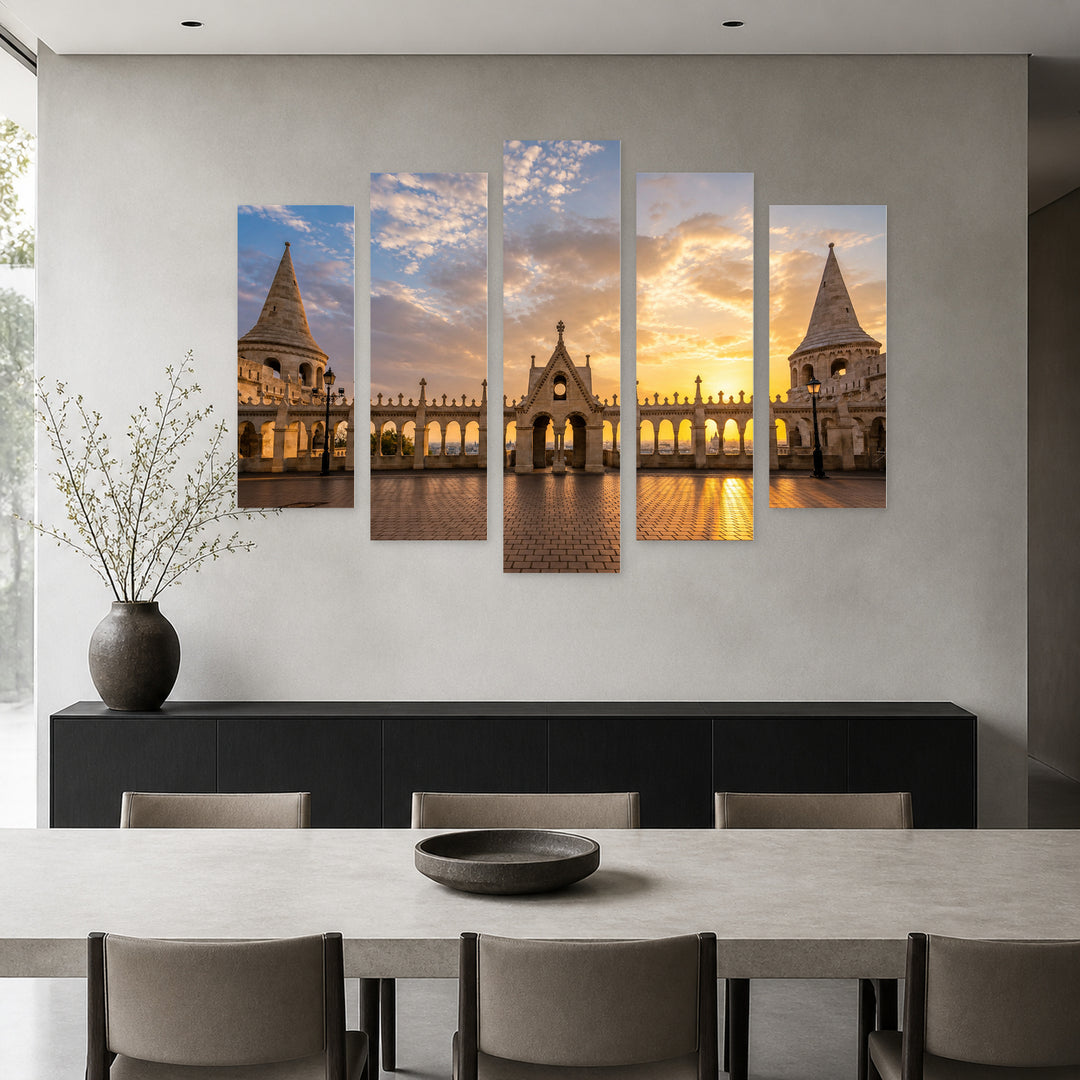 Golden Sunrise in Serene Light — five-panel wall art in alternate frontal interior | 5wallart 53243 M4