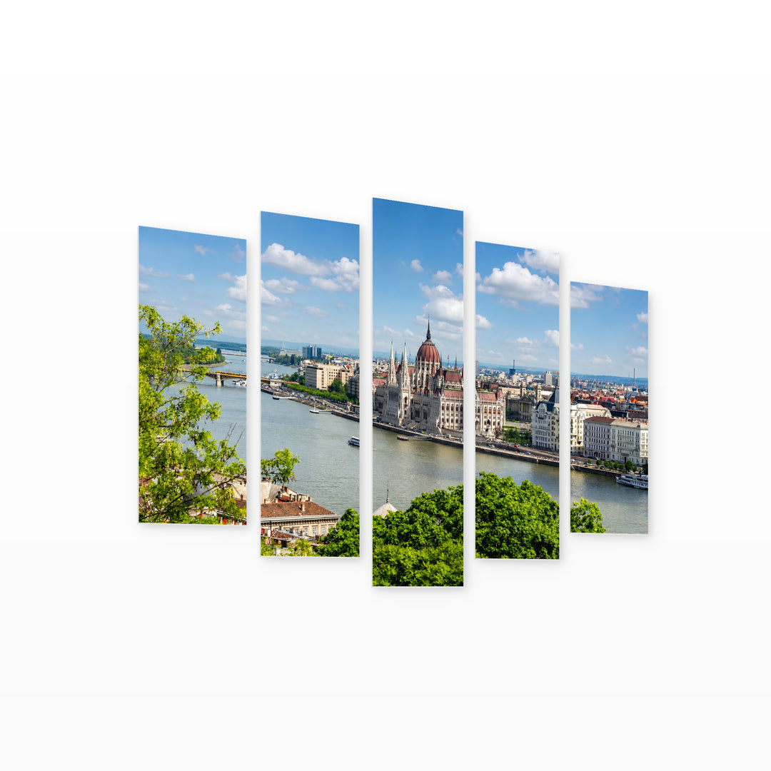 Cityscape of Budapest in Serene Light — five-panel wall art on white background in perspective | 5wallart 53244 M1