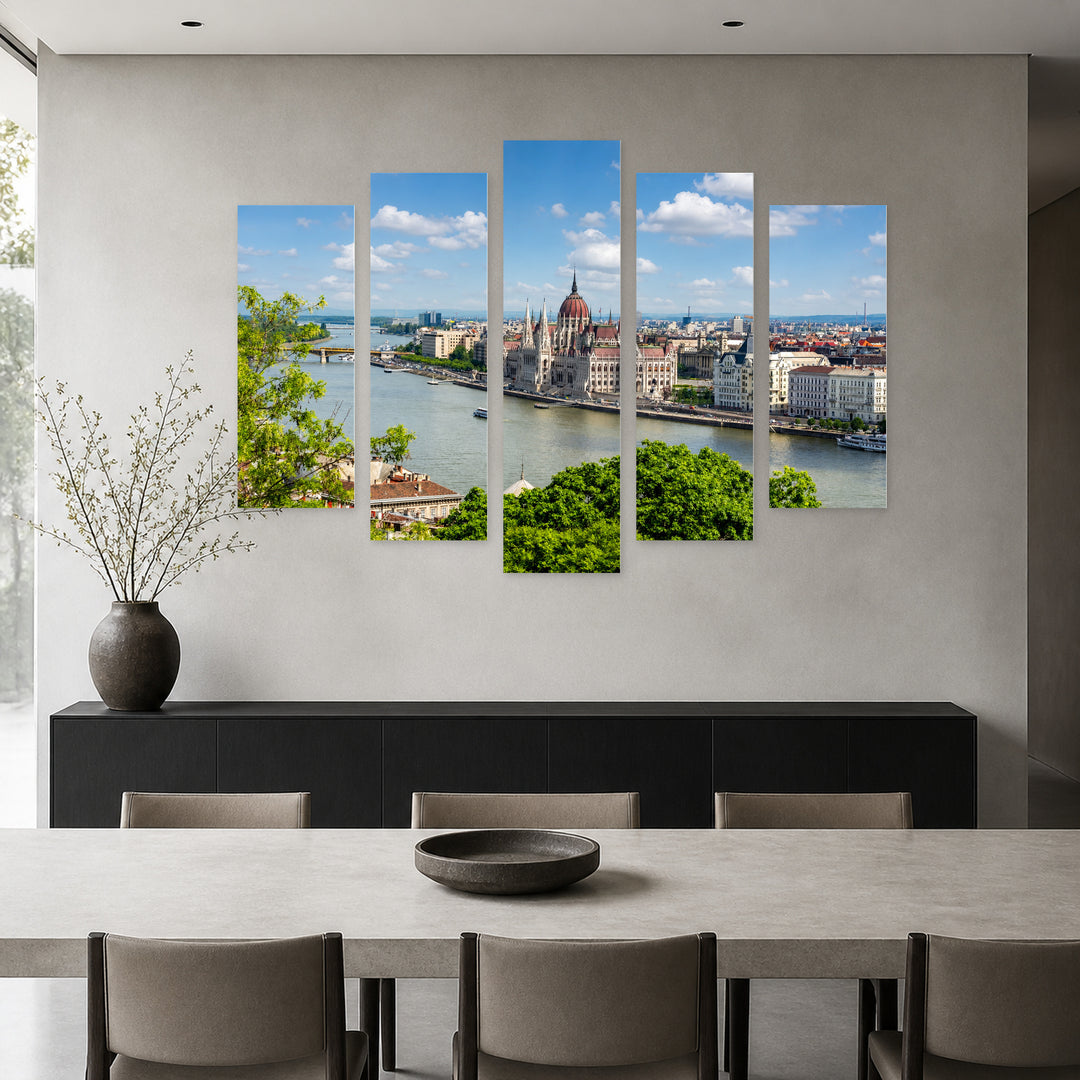 Cityscape of Budapest in Serene Light — five-panel wall art in frontal interior | 5wallart 53244 M3