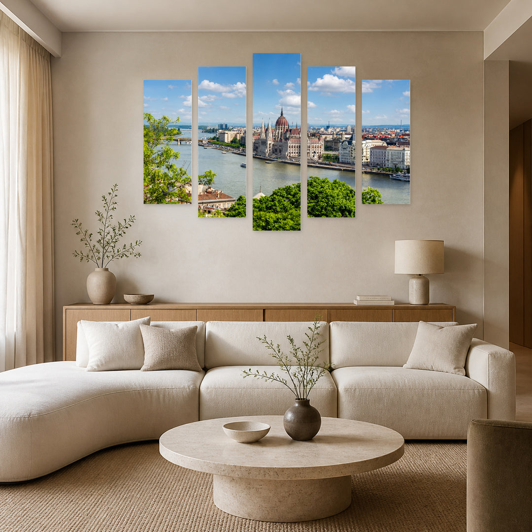 Cityscape of Budapest in Serene Light — five-panel wall art in alternate frontal interior | 5wallart 53244 M4