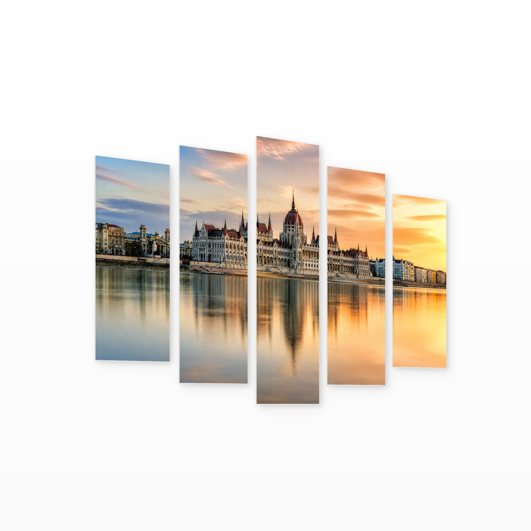 Hungarian Parliament, Budapest in Serene Light — five-panel wall art on white background in perspective | 5wallart 53246 M1