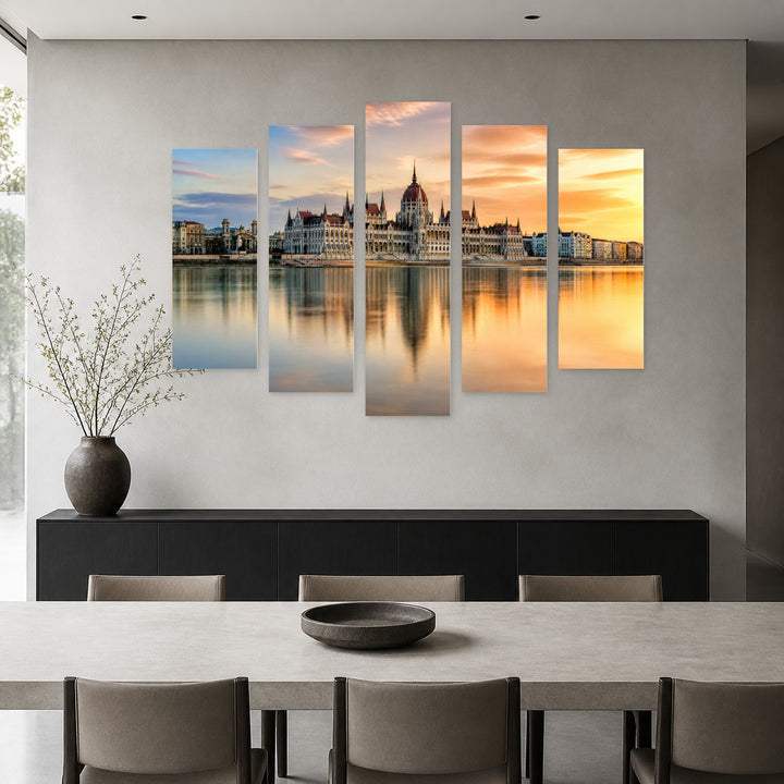 Hungarian Parliament, Budapest in Serene Light — five-panel wall art in frontal interior | 5wallart 53246 M3