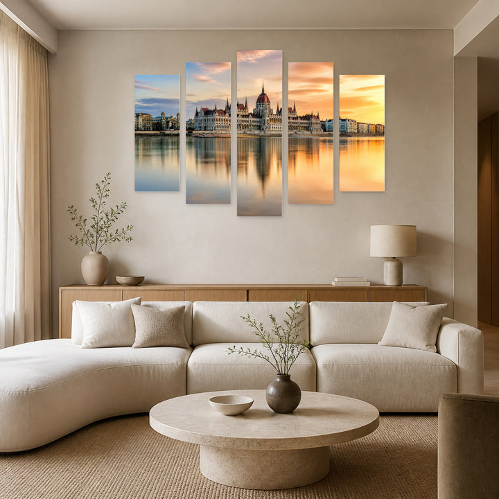 Hungarian Parliament, Budapest in Serene Light — five-panel wall art in alternate frontal interior | 5wallart 53246 M4
