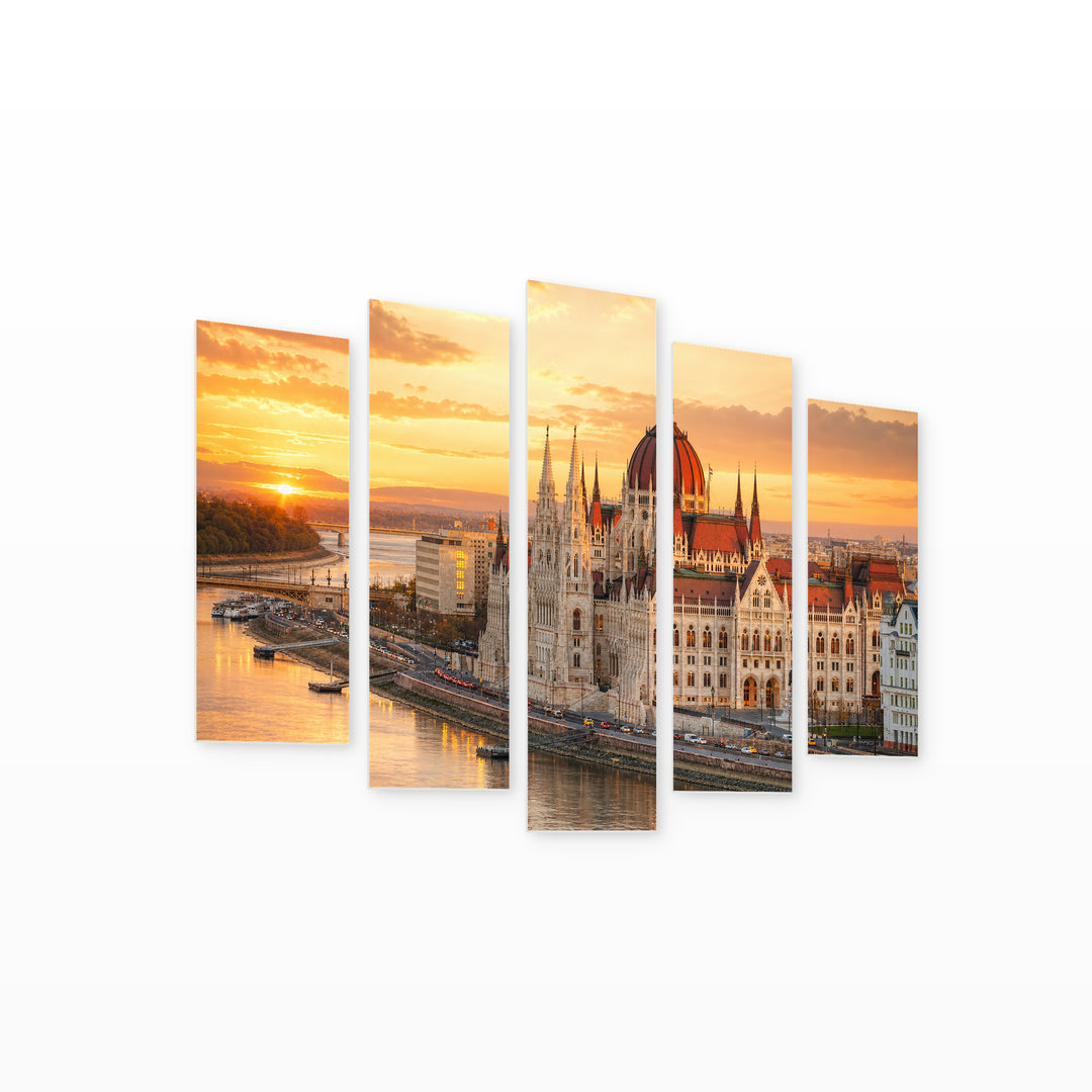 Golden Sunset over Budapest — five-panel wall art on white background in perspective | 5wallart 53249 M1