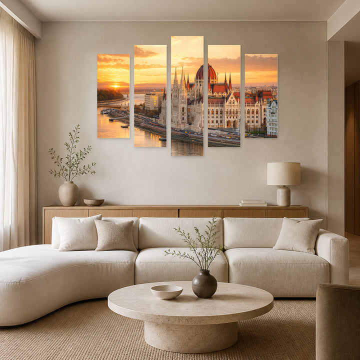 Golden Sunset over Budapest — five-panel wall art in frontal interior | 5wallart 53249 M3