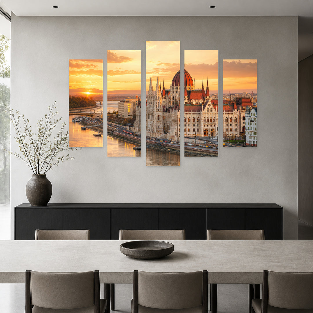 Golden Sunset over Budapest — five-panel wall art in alternate frontal interior | 5wallart 53249 M4