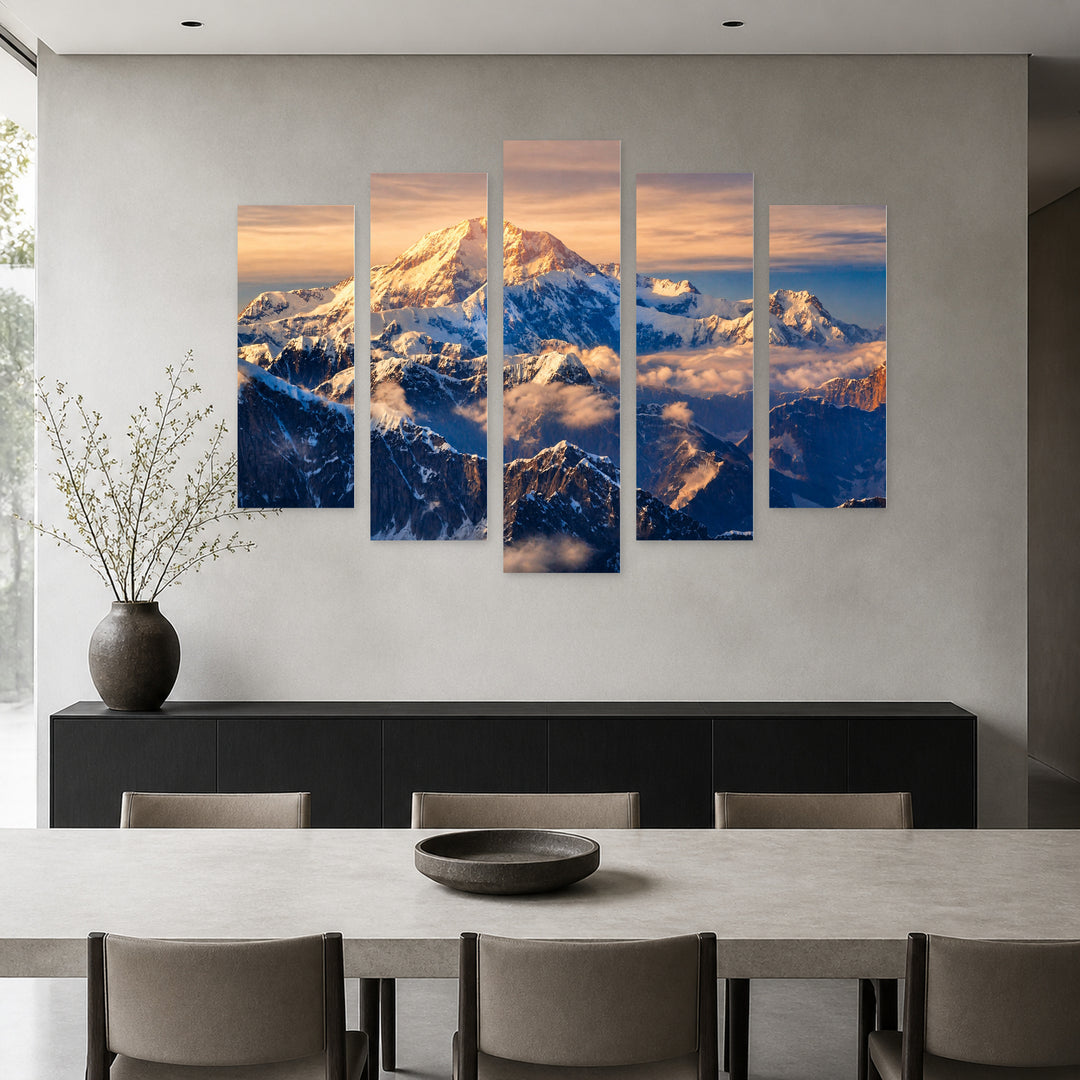 Denali in Blue and Gold — five-panel wall art in frontal interior | 5wallart 53250 M3